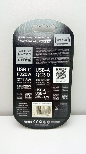 Powerbank eXc Pocket 1xUSB-A QC + 1xUSB-C PD20W 10000 mAh 2