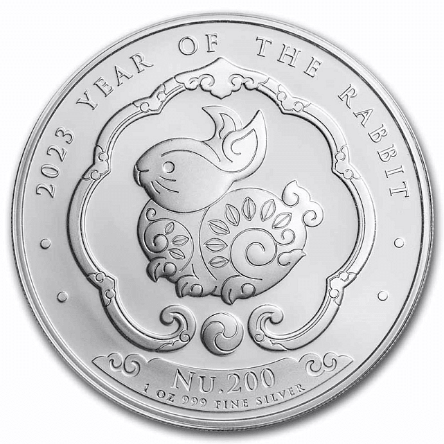 Серебряная монета 1oz Год Кролика 200 нгултрумов 2023 Бутан (29593783) 0