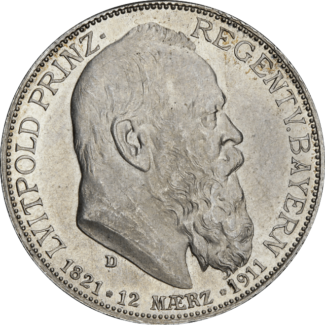 Серебряная монета 90 лет со дня рождения Луитпольда Баварского 2 марки 1911 Бавария Германская империя (29128269) 0