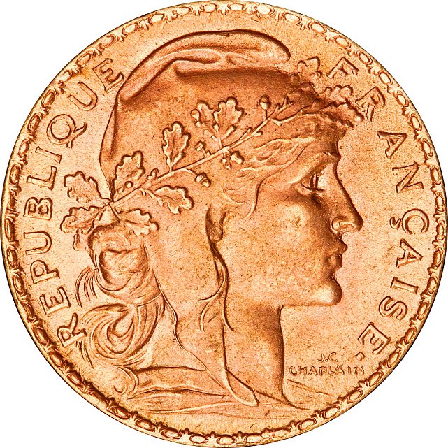 Золотая монета 20 франков 1909 года Франция (33676572) 1