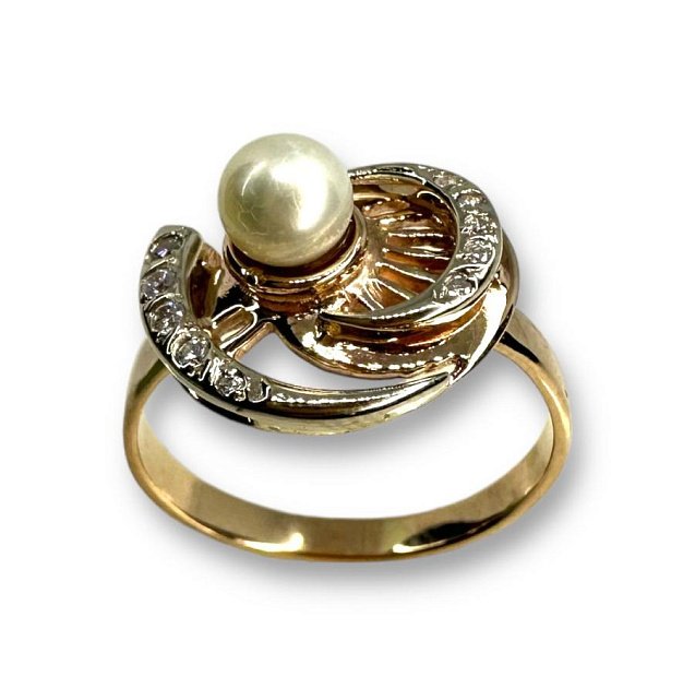 Кольцо из красного и белого золота с жемчугом и цирконием  (30803353) 1