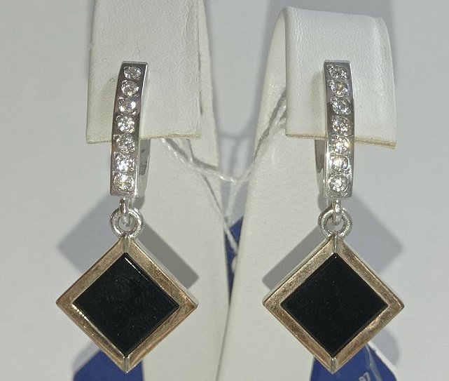 Срібні сережки із золотою вставкою, оніксом і цирконієм (32003150) 0