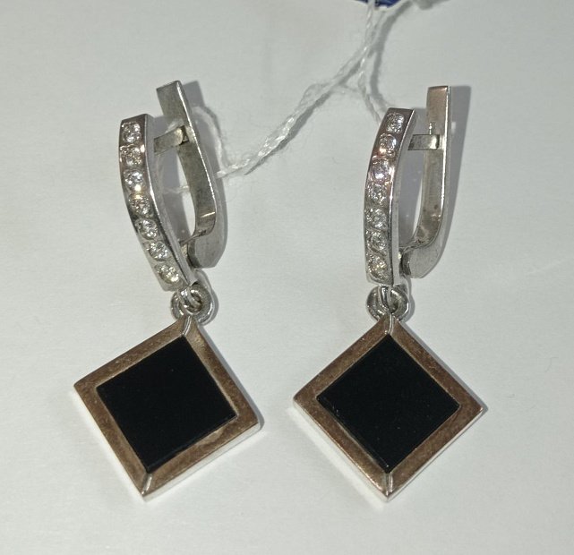 Срібні сережки із золотою вставкою, оніксом і цирконієм (32003150) 1