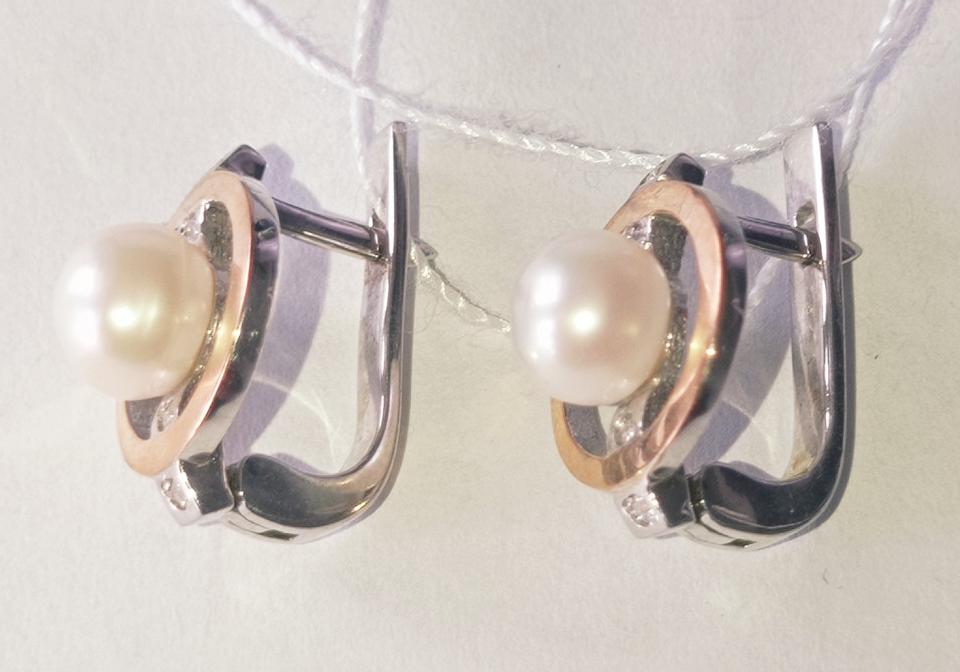 Серебряные серьги с золотой вставкой, жемчугом и цирконием (18951738) 2